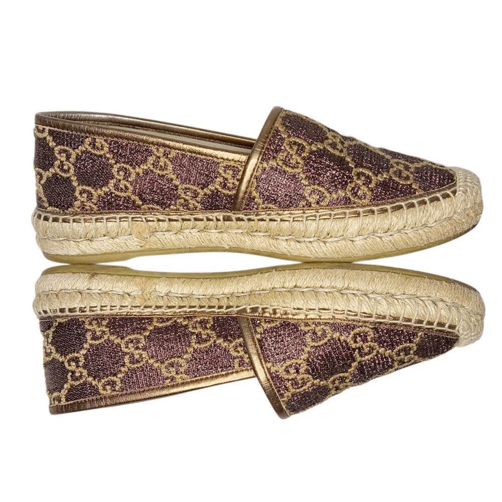 Gucci GG Logo Lamé Canvas Espadrilles Brown Bronze Metallic Logo Flats 37.5 - Picture 6 of 10